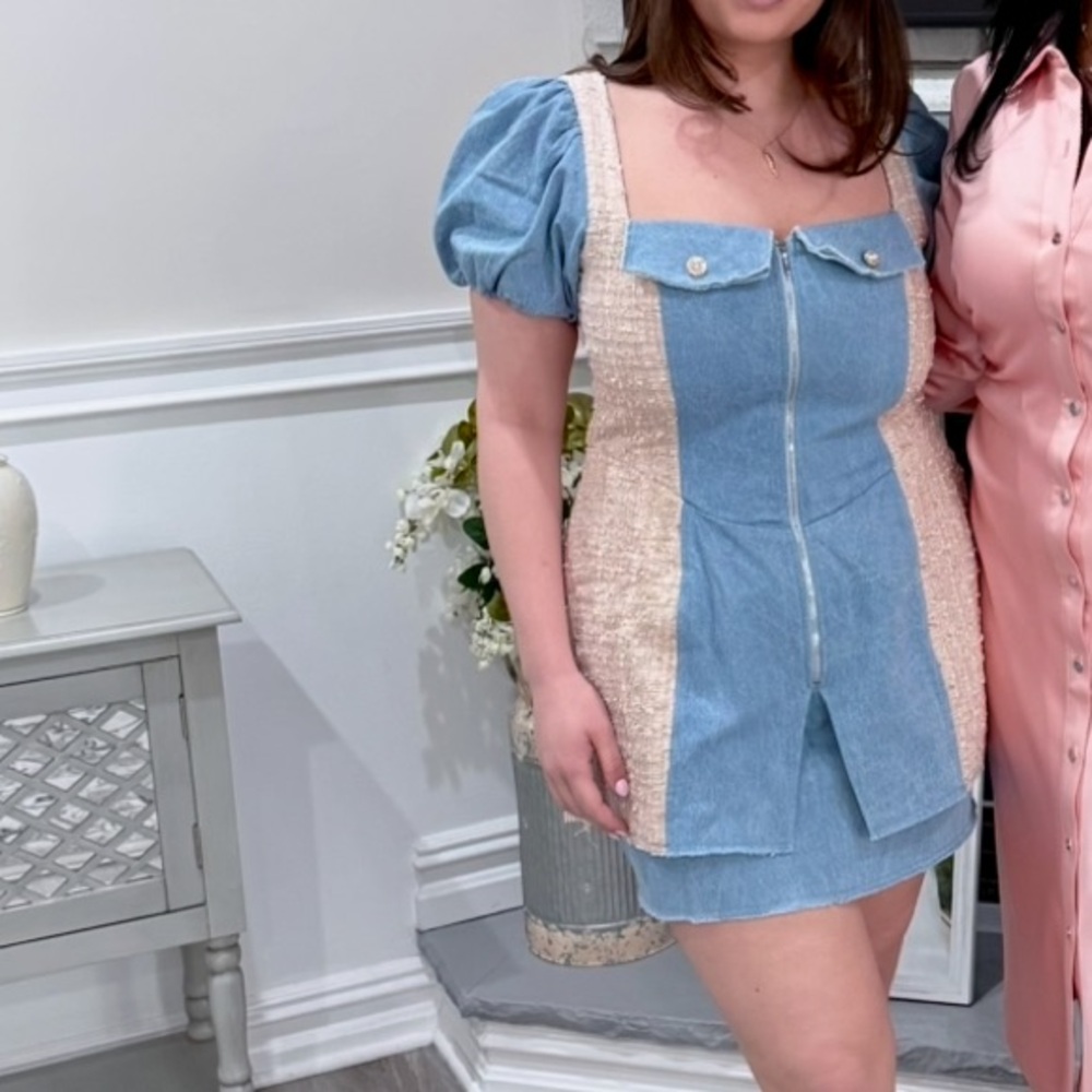 ASOS Denim Puff Sleeve Mini Dress with Cream Tweed Panels